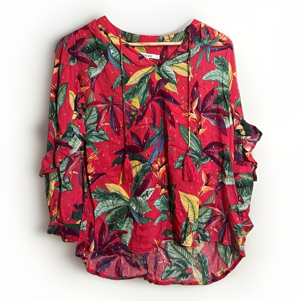 Chicos Tropical Print Peasant Top US 8 Pink Tassled 3/4 Sleeve Vacation Beach